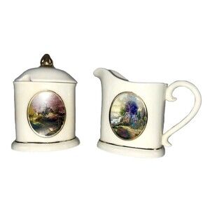 Thomas Kincaid Avon New Day Drawing Creamer & Stepping Stone Cottage Sugar Bowl